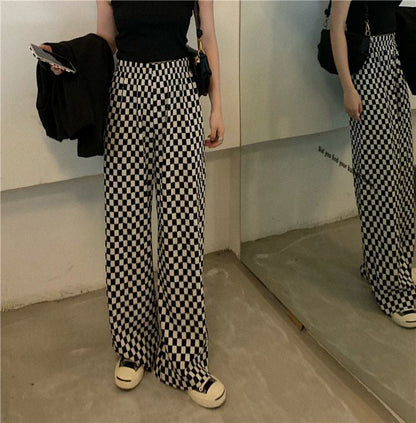 Black White Plaid Checkered Wide Leg Pants