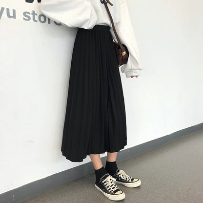 High Elastic Waist Rib Pleated Long Skirt