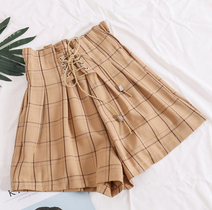Elastic Waist With Tie Plaid Shorts