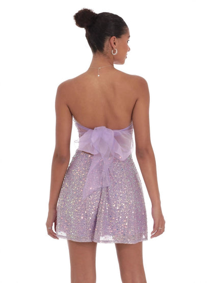 Sequin Glitter Strapless Fit and Flare Dress in Lilac