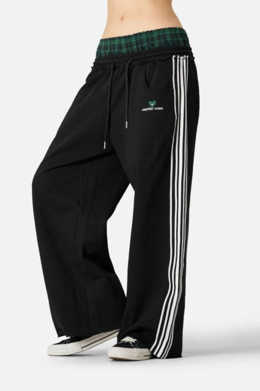 Vintage Stripe Embroidery Relaxed Double Waist Pants