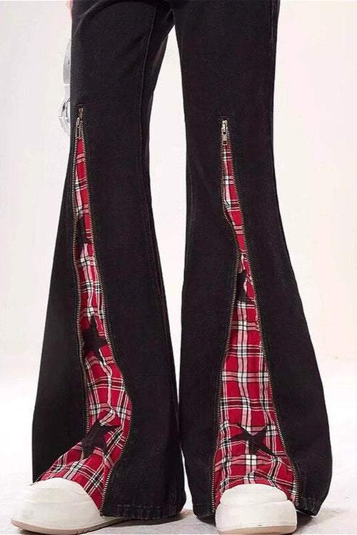 Star Patch Zipper Detail Bootcut Pants