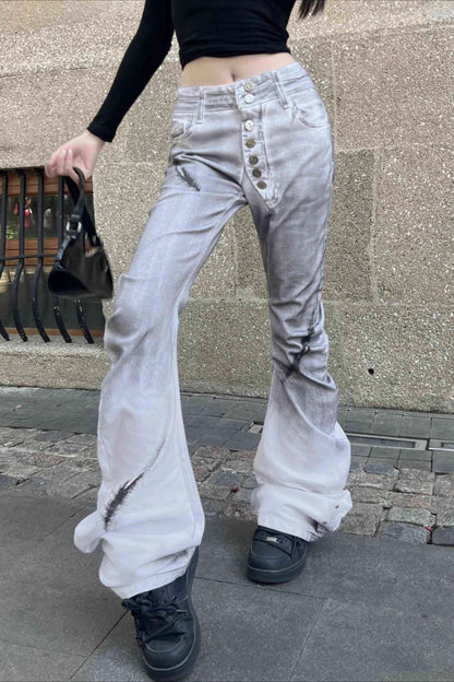 Distressed Dyed Curved Buttoned Denim Pants