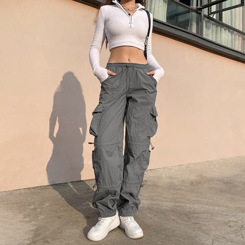 Drawstring solid cargo pocket low rise baggy pant Parachute pants