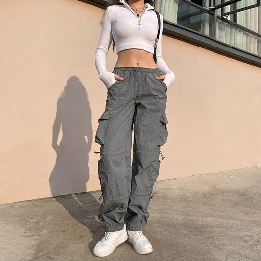Drawstring solid cargo pocket low rise baggy pant Parachute pants