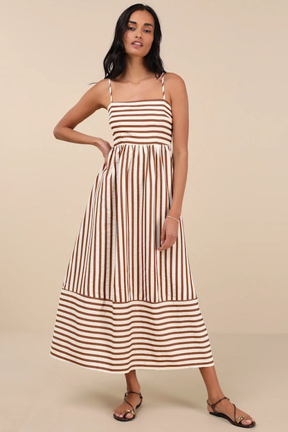 Exceptionally Pristine Brown and Cream Striped Cutout Midi Dress