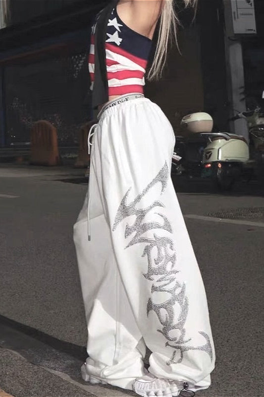 Street Rhinestone Gothic Letter Loose Pants