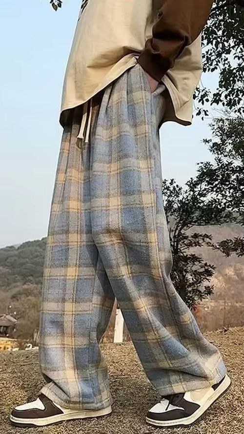 Loose Casual Plaid Wide Leg Men Pants
