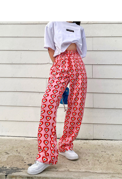 Heart Full Printed Long Straight Pink Pants