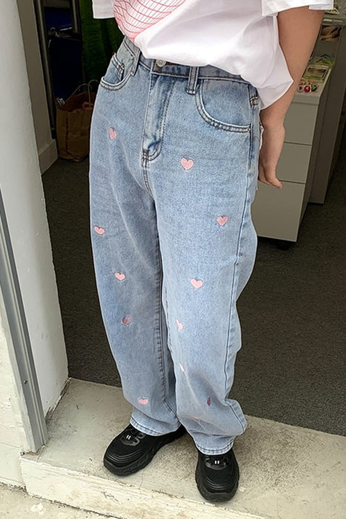 Heart Shape Embroidery Long Jeans Pants
