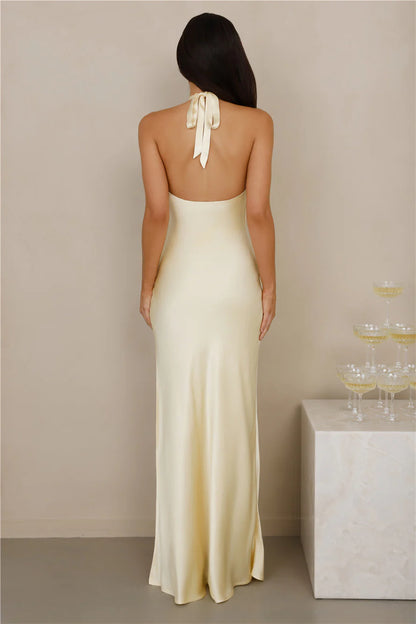 The Delilah Satin Halter Maxi Dress Yellow