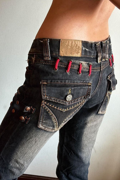 Retro Deconstructed Low-Rise Straight Floor-Length Denim Pants