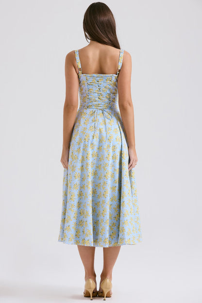 soft blue vintage floral print cotton bustier sundress