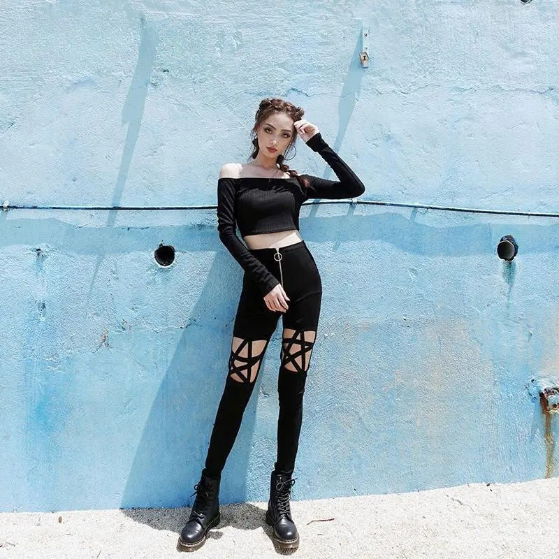 Black Star Lace-Up Cutout Pants