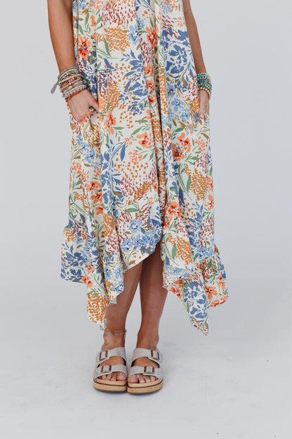 The Nest Ellie Ruffle Midi Dress - Brown Floral