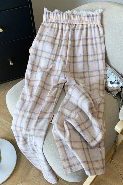 Cute Lace Waist Plaid Pattern Long Pants