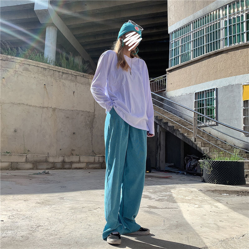 Elastic Waist Blue Corduroy Long Pants