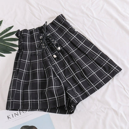 Elastic Waist With Tie Plaid Shorts