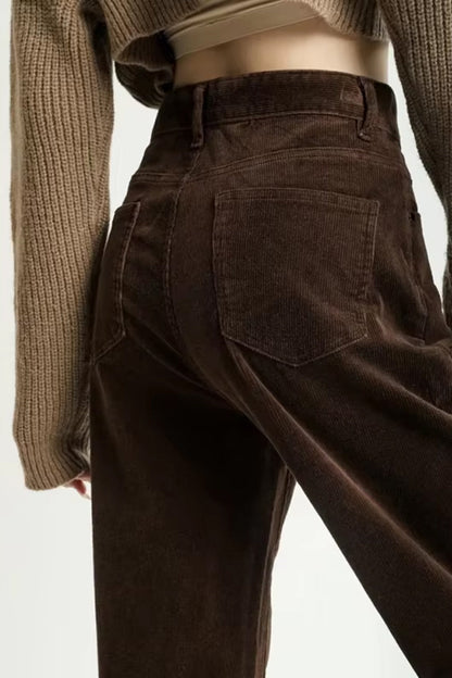 High Waist Retro Coffee Colors Corduroy Long Pants
