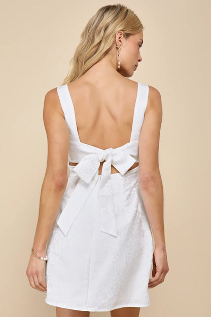 Perfectly Flirtatious White Floral Jacquard Tie-Back Mini Dress