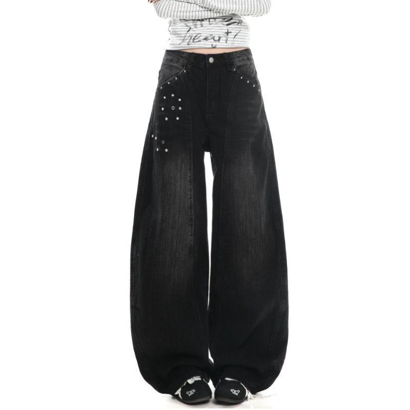 Rivet applique irregular pocket wide leg | Baggy Low Rise Jeans  | Festival Outfits Women
