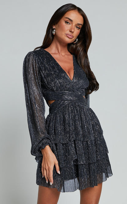 Elaine Mini Dress - Long Sleeve Tiered Plisse Dress in Gunmetal