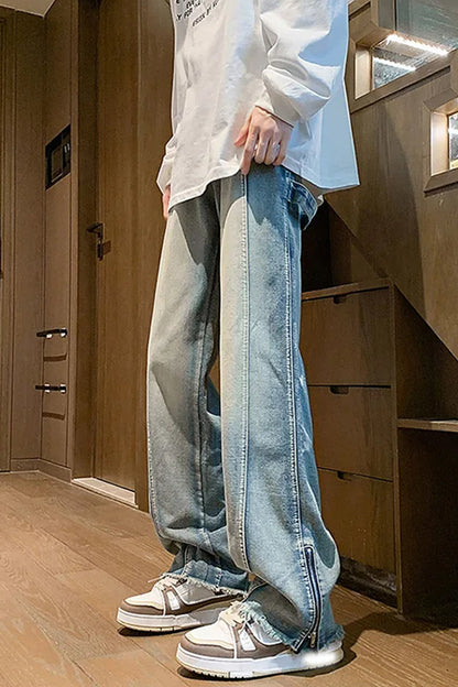 Loose Side Slit Zipper Men Jeans Pants