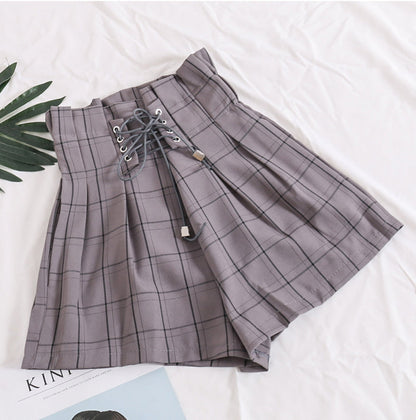 Elastic Waist With Tie Plaid Shorts