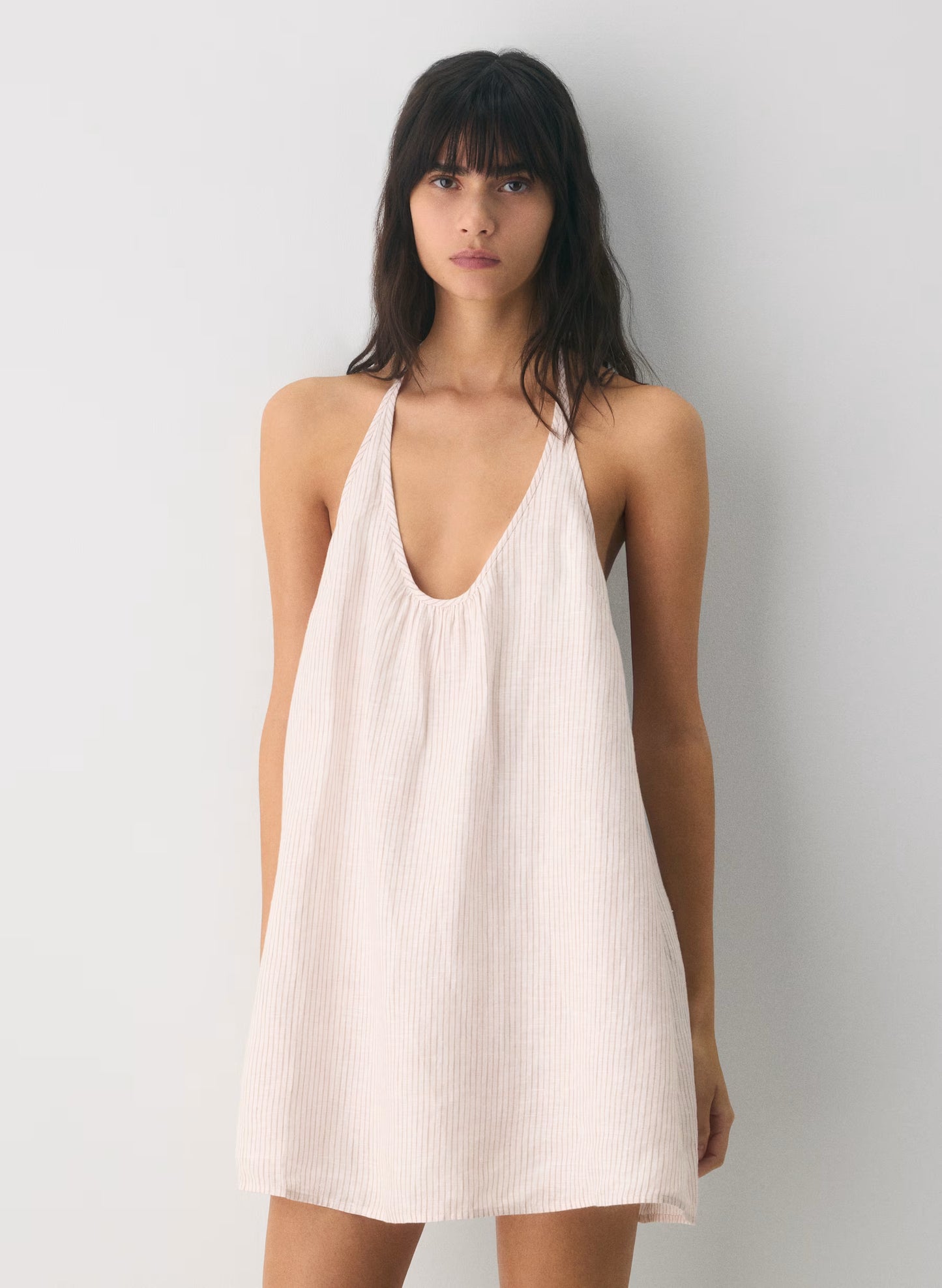 Striped linen micro halter dress
