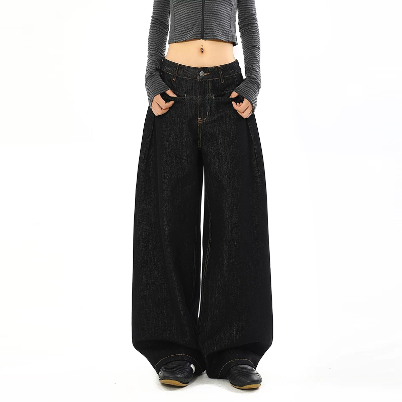 Black button zip-up low rise wide leg | Baggy Low Rise Jeans  | Festival Outfits Women