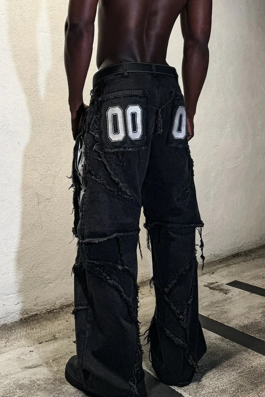 Fur Trim Patchwork Loose Denim Pants