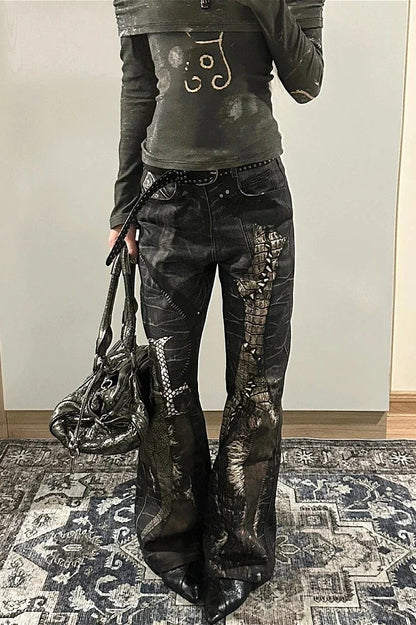 Snake Skin Gothic Punk Black Denim Pants