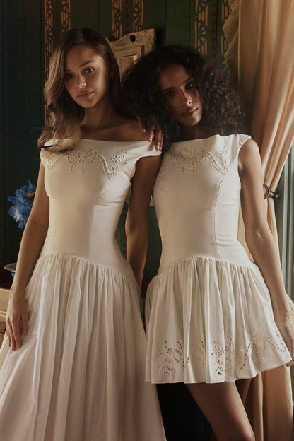 White Cotton Broderie Anglaise Boat Neck Mini Dress