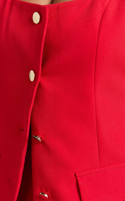 Phyllis Two Piece Set - Tailored Scoop Neck Vest Top and A Line Mini Skirt Set in Red