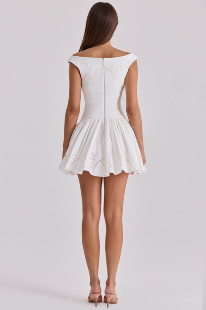 White Cotton Broderie Anglaise Boat Neck Mini Dress