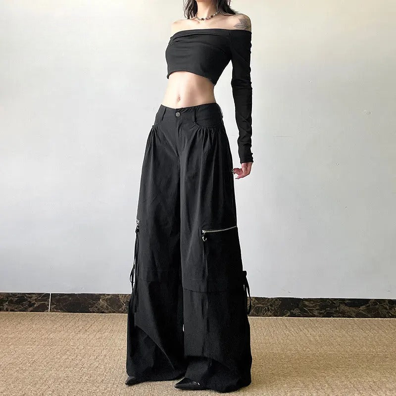 Black Cargo Zipper Pants