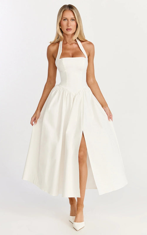 Halter Tie Neck Corset Panel Dress in Off White