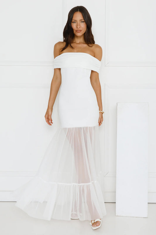 Moonbeam Reverie Off Shoulder Maxi Dress White