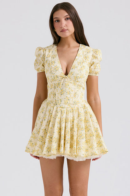 buttercup vintage floral print pleated cotton mini dress