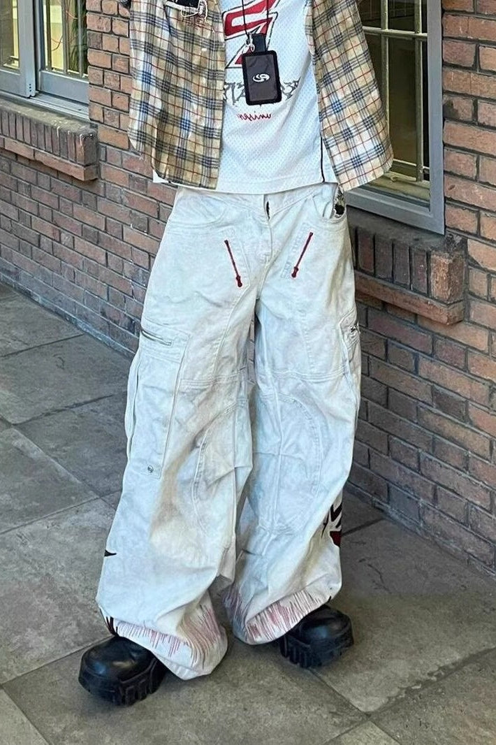Cyber Washed Embroidered Patch Curved Denim Pants