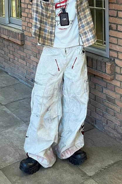 Cyber Washed Embroidered Patch Curved Denim Pants