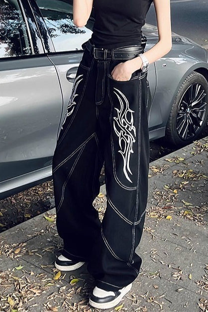 Y2K Stitch Embroidery Wide Leg Jeans Pants