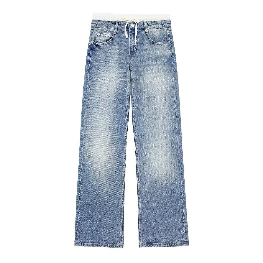 Women's Vintage Casual Mid Waist Baggy Jeans with Drawstring | Great for All Seasons