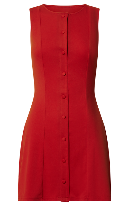 Trixie Mini Dress - High Neck Button up A Line Dress in Red