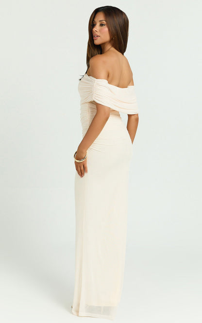 Caterina Maxi - Ruched Off Shoulder Mesh Dress in Off White
