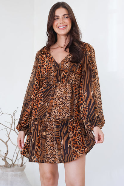 Arcadia Mini Dress - V-Neck Ruffle Splicing Long Sleeve Dress in Riley Print