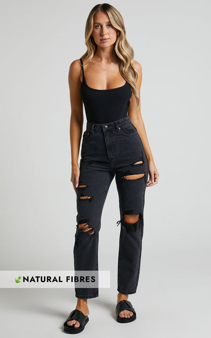 Billie Jeans - High Waisted Cotton Distressed Mom Denim Jeans in Black Wash