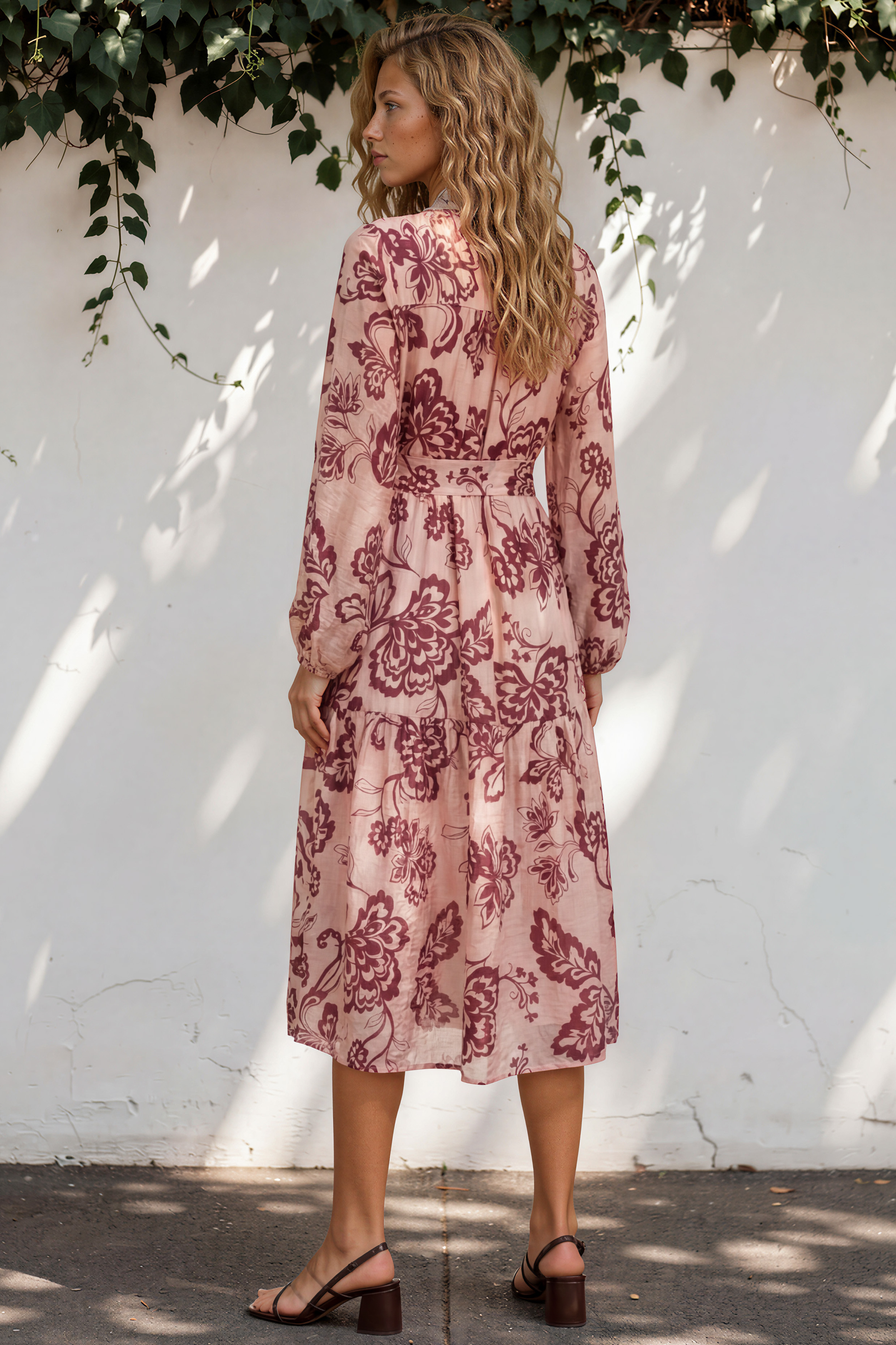 Katie Midi Dress - V-Neckline Dress with Long Sleeves in Elisha Print