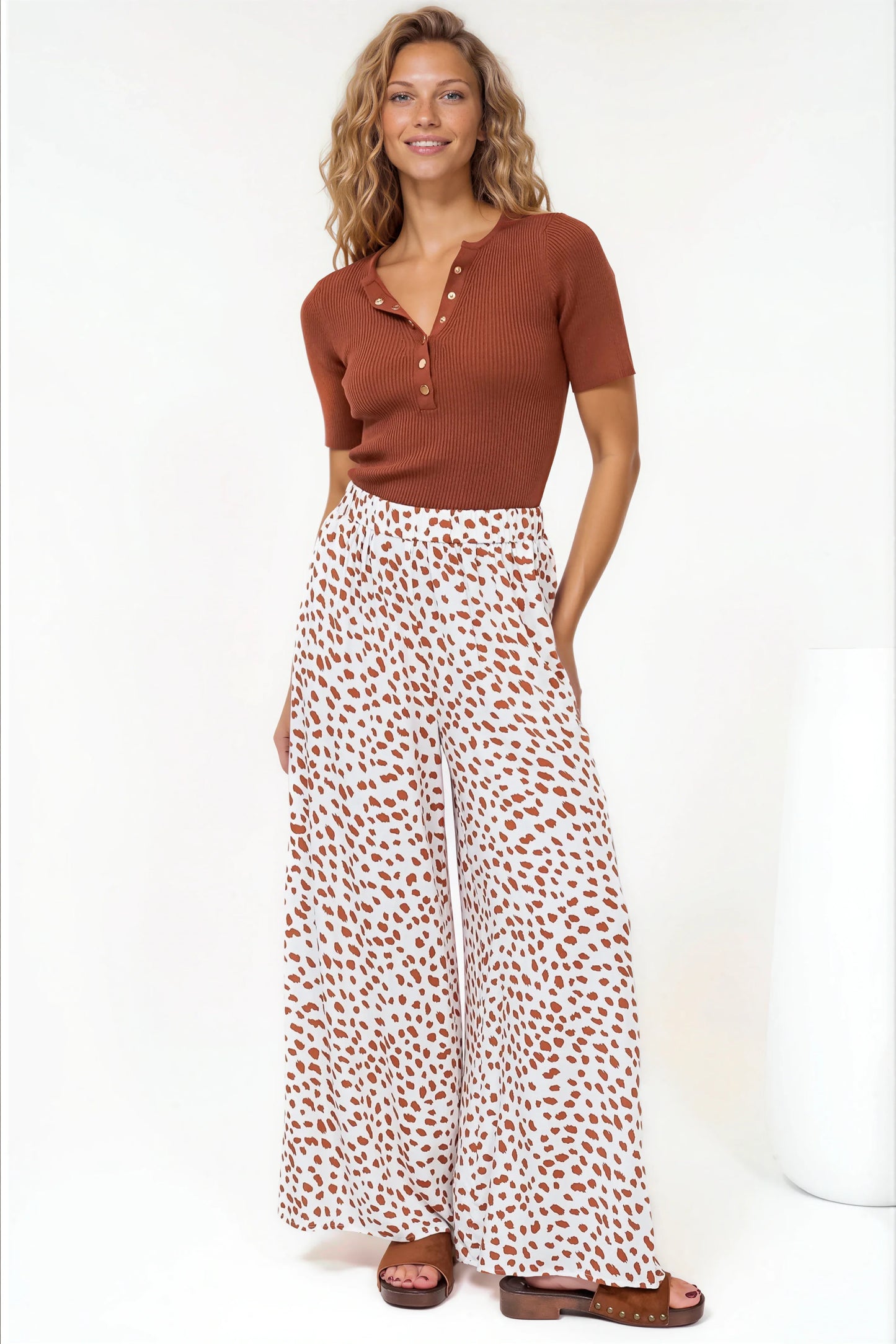 Channing Pants - High Waisted Wide-Leg Pants with Pockets in Dasher Print Brown