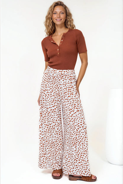 Channing Pants - High Waisted Wide-Leg Pants with Pockets in Dasher Print Brown